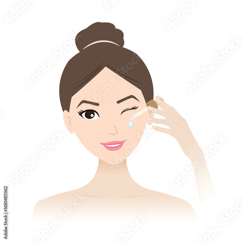 Cute cartoon woman applying skincare serum treatment vector illustration. She dropping facial serum on face. Skincare, beauty routine and self care illustration for cosmetic and wellness concept.