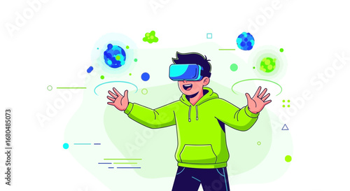 Enthusiastic Person Wearing Augmented Reality Glasses Exploring a Simulated Metaverse World