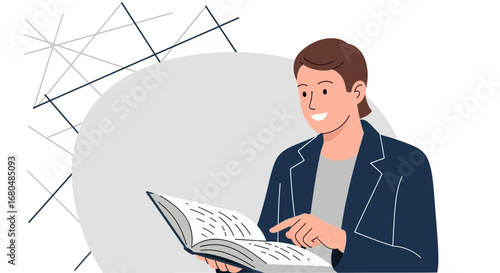 Enlightened Individual Reviewing Text Within Abstract Geometric Presentation with Smiling Face