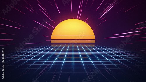 Retro-futuristic synthwave background featuring a glowing orange sun rising over a neon-blue grid that fades into the distance