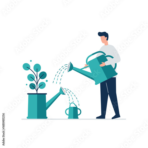 A person is watering a plant with a teal watering can, nurturing growth.