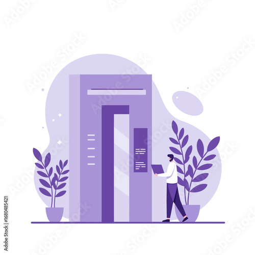 A person with a laptop stands near an elevator, surrounded by potted plants in a modern, minimalist design.
