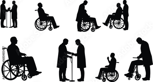 Doctor assisting patient in wheelchair, medical consultation, healthcare support, rehabilitation care, disabled patient treatment, black silhouette vector illustration hospital service