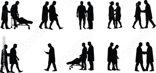 Doctor assisting patient, hospital healthcare service, medical consultation, emergency treatment, nurse with stretcher, black silhouette vector illustration, health support concept