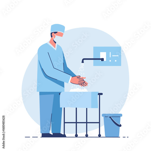 A medical professional in scrubs washes hands thoroughly at a sink before a procedure.