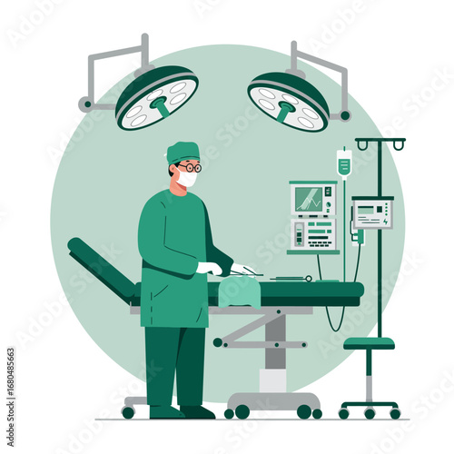 Surgeon in green scrubs and mask performs surgery under bright lights with medical equipment nearby.