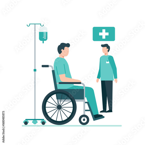 Illustration depicts a patient in a wheelchair receiving medical care from a healthcare professional.