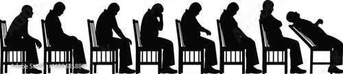 "Silhouette Sequence of a Person Sitting on a Chair Transitioning from Alert to Relaxed and Reclining Postures"