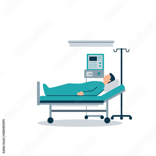 A patient lying in a hospital bed, surrounded by medical equipment.