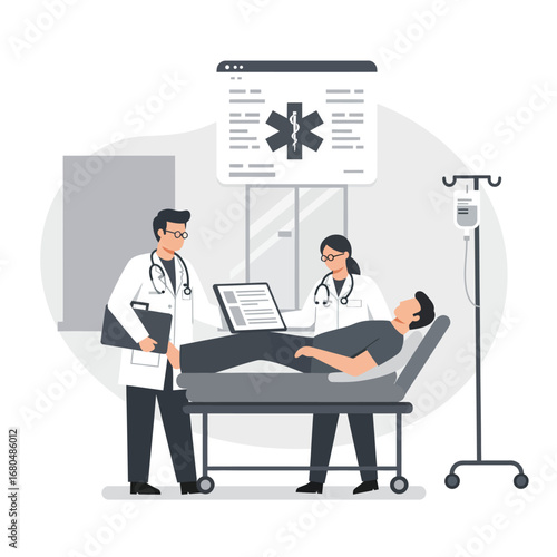 Two doctors, one male and one female, attend to a patient lying on a medical bed in a hospital room.