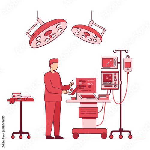 Surgeon in operating room, reviewing medical data on a cart.
