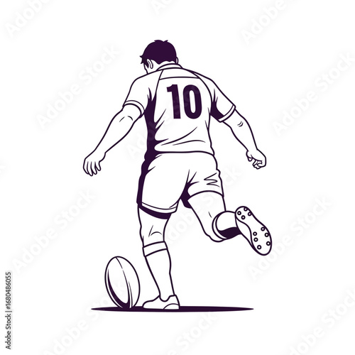 Rugby player kicking a ball. Athlete wearing number 10 jersey, viewed from behind.