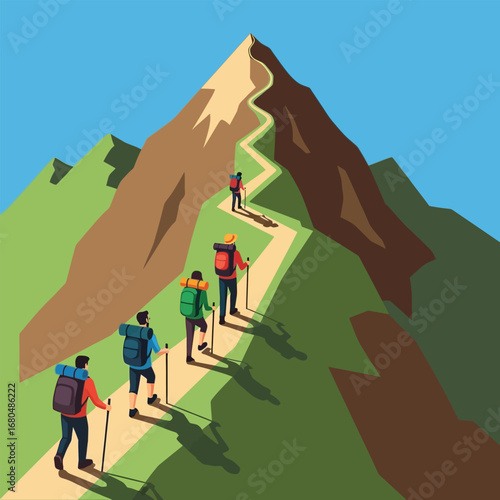 Group of hikers with backpacks and hiking poles ascending a winding mountain trail towards the peak.