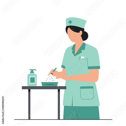 A nurse in uniform prepares medication, dispensing pills from a container on a table.