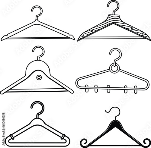 Six different black and white clothing hangers garment hanger