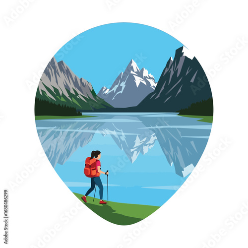 A woman hikes with poles near a lake reflecting snow-capped mountains, set within a stylized location marker.