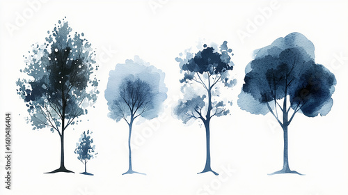 Watercolor Blue Tree Illustrations. Minimalist Artistic Designs of Nature