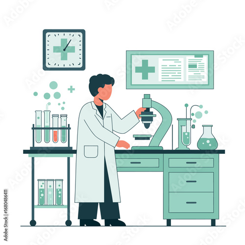 Scientist using a microscope in a well-equipped laboratory, conducting research with test tubes and beakers.