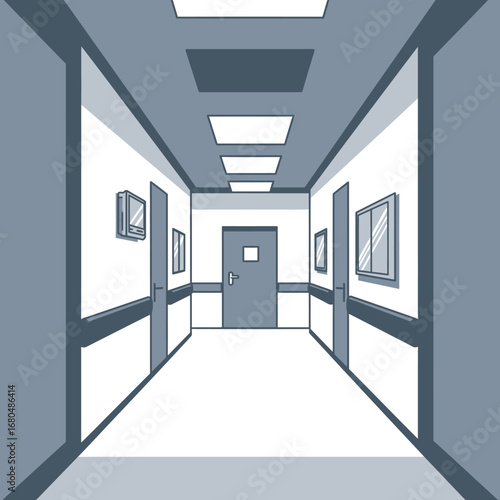 A monochromatic illustration depicting a long, empty hospital corridor with doors and windows.