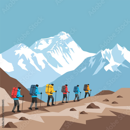 A group of hikers ascend a mountain range, traversing a rocky terrain with snow-capped peaks in the background.