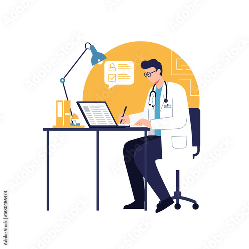 A doctor sits at a desk, working on paperwork and a laptop, surrounded by office supplies.