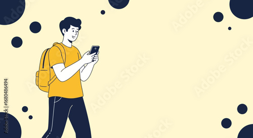 Man Using Phone While Walking With a Backpack With Graphic Circles Background