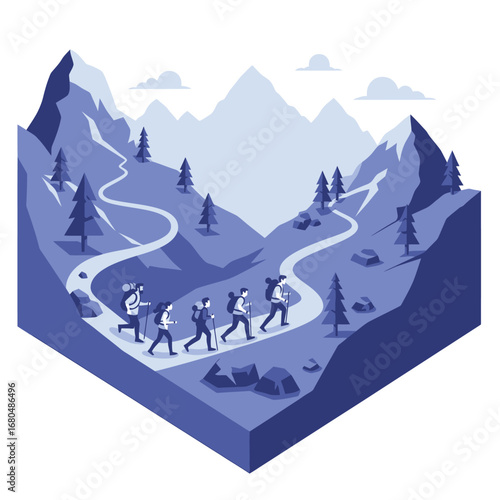 A group of hikers trekking along a winding mountain trail, enjoying the scenic landscape.
