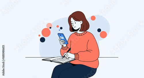 Modern Woman Multitasking: Blending Smartphone Use And Creative Journaling Seamlessly