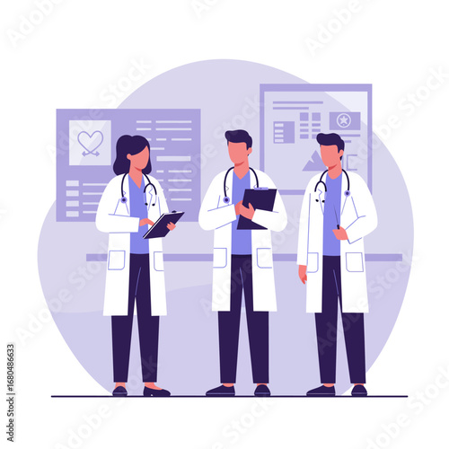 Three doctors stand in a medical setting, holding clipboards and wearing white coats with stethoscopes.