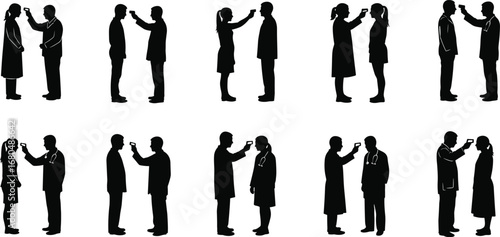 Doctor checking temperature silhouette, nurse measuring fever, infrared thermometer scan, medical screening, healthcare examination, patient health check, hospital diagnostic illustration