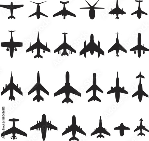 Set of black airplane silhouettes top view, military and commercial aircraft shapes collection, vector icons isolated on white background