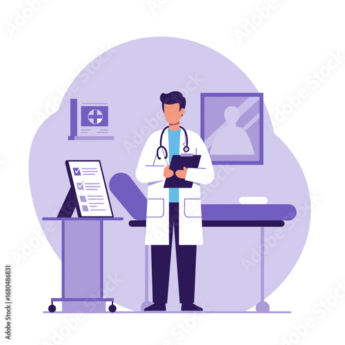Doctor reviewing patient notes in his office, medical examination, healthcare professional.