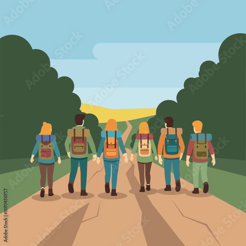 A group of hikers walking down a path through a landscape.