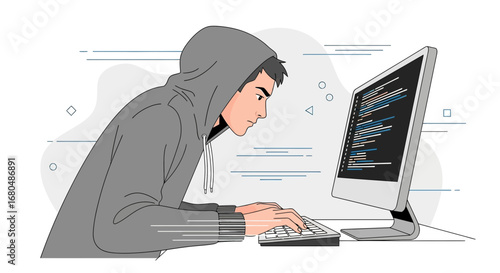 Person Coding With Hoodie Working Behind Computer Screen With Futuristic User Interface
