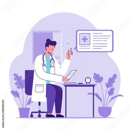 Doctor reviewing medical instruments and patient information in their office.