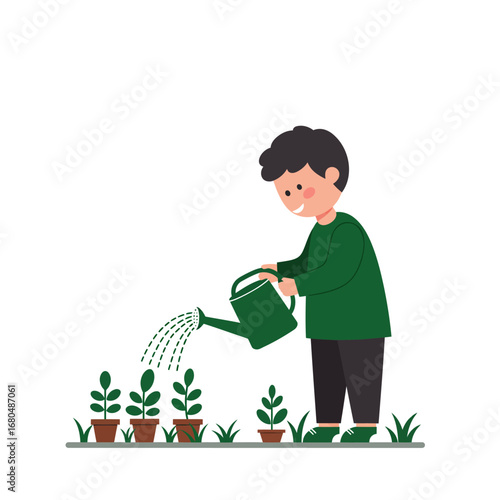 Happy child tending a small garden, carefully watering young plants from a green watering can.