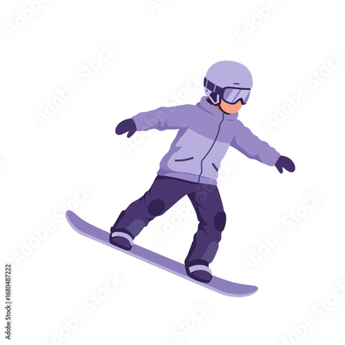 A young snowboarder in winter gear rides a snowboard downhill, arms outstretched for balance.