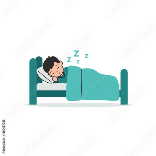 A young boy soundly asleep in his bed, tucked under a teal blanket.