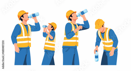A set of illustrations showing a construction worker in a safety vest and hard hat drinking water to stay hydrated.