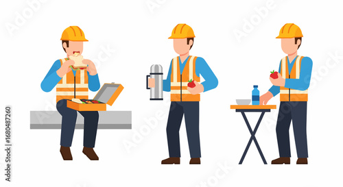 A set of illustrations showing a male construction worker in a hard hat and safety vest on his lunch break.
