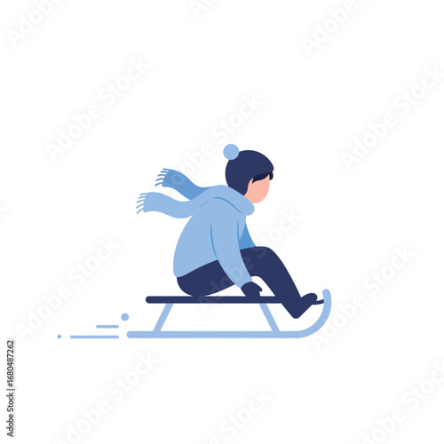A child, bundled in winter wear, enjoys a sled ride down a snowy slope.