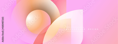 Abstract pink background features overlapping circles, gradients. Soft hues create modern, elegant visual effect. Design includes text elements.