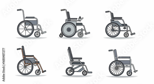 A collection of six diverse wheelchairs, showcasing manual and electric models, highlighting mobility assistance devices.