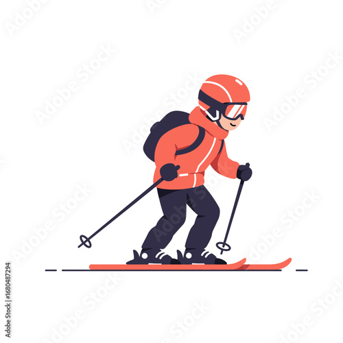 Cartoon illustration of a skier in winter gear, poised for a downhill run.