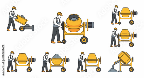 Illustration depicting a construction worker using a cement mixer, showing the process of loading, mixing, and pouring concrete.