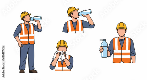 Illustration depicting a construction worker in various stages of hydration: drinking water, holding a bottle, and wiping sweat.