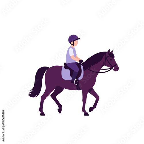 A child equestrian, wearing a helmet, rides a dark brown horse, side view.