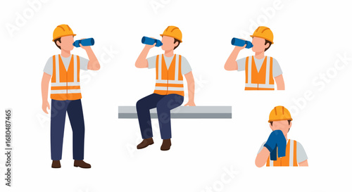 Illustration depicting a construction worker wearing a hard hat and safety vest drinking water and wiping sweat.