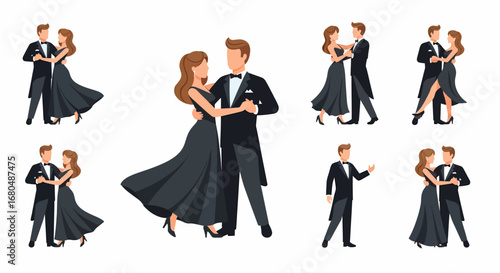 Elegant couples in formal wear dancing ballroom style, various poses.