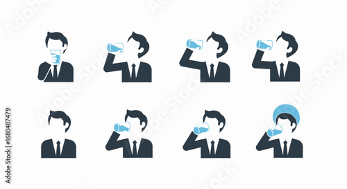 Businessman drinking water in various poses, illustrating hydration and daily routines.